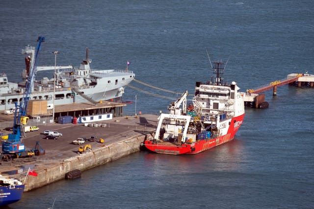 The Geo Ocean III specialist search vessel docked in Portland, Dorset which has brought back the body recovered from the wreckage of the plane carrying Cardiff City footballer Emiliano Sala and pilot David Ibbotson