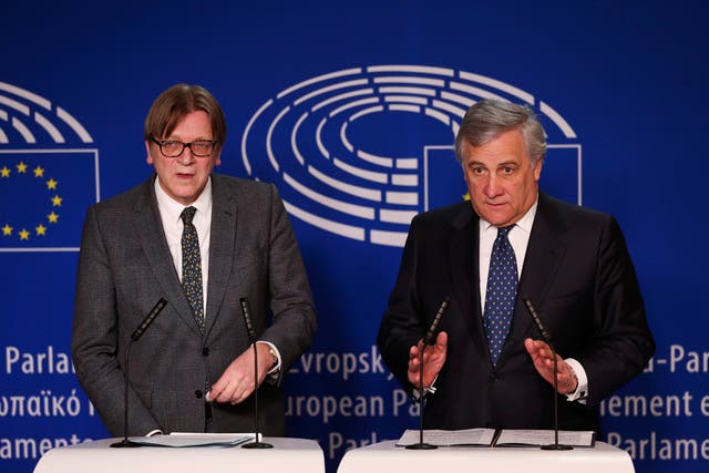 European parliament president Antonio Tajani (left) and Guy Verhofstadt make a joint statement following their meeting with Theresa May in Brussels