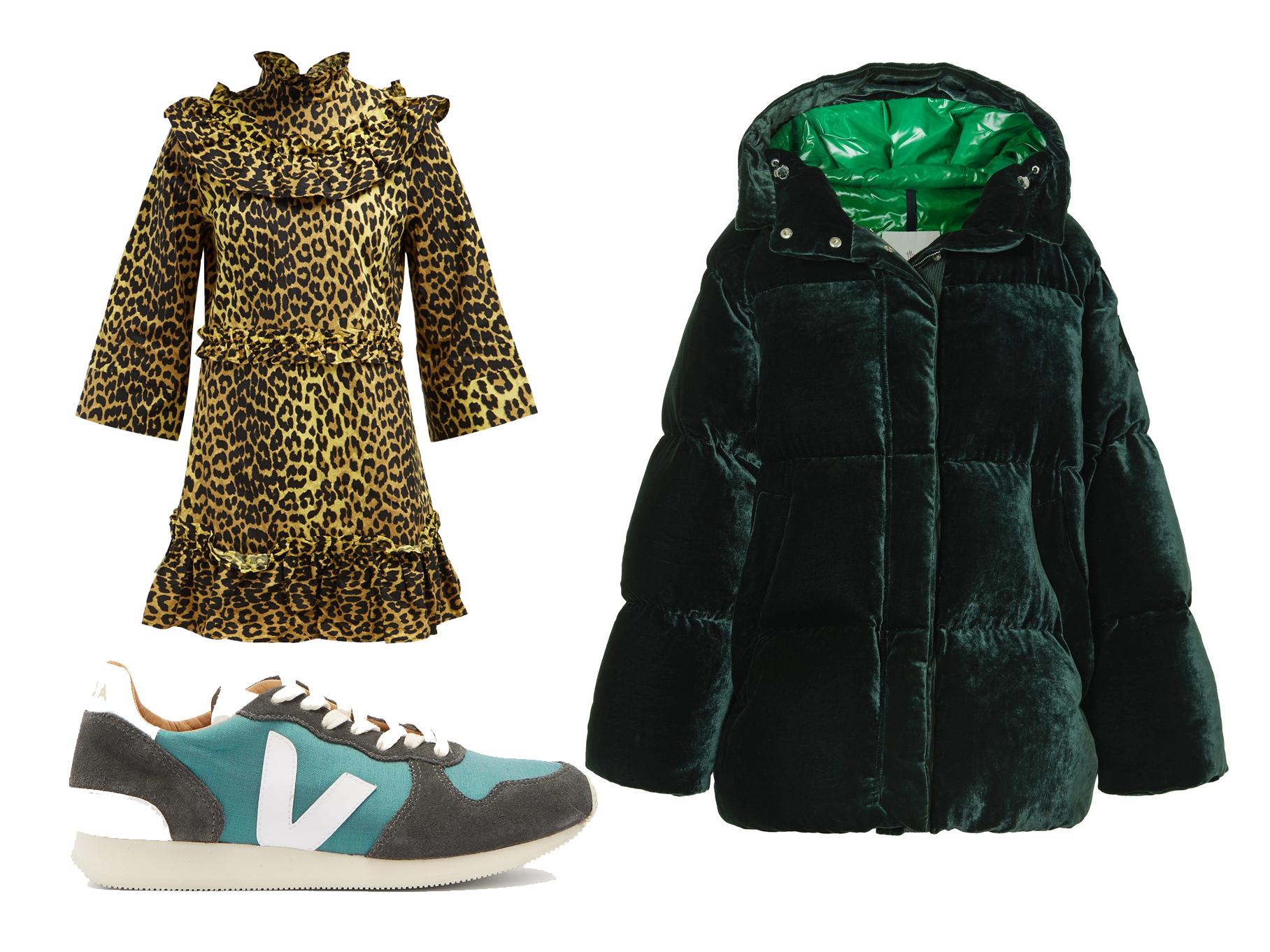 Ganni Bijou leopard-print cotton mini dress: £200, Veja holiday Bastille suede-panelled satin trainer: £140, Moncler quilted velvet down jacket: £1,550.