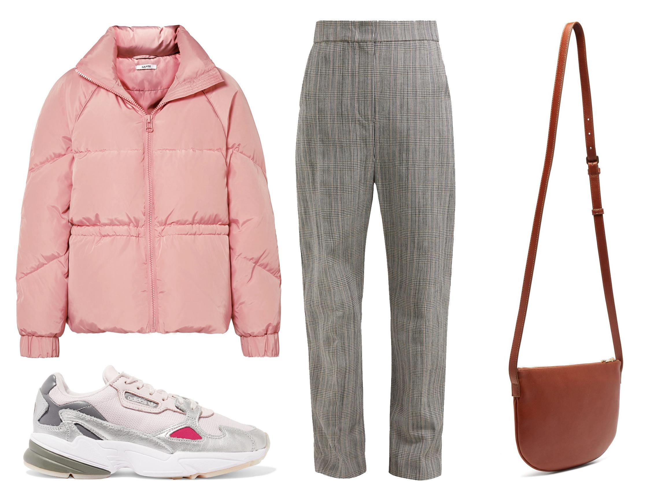 Ganni Whitman quilted shell down jacket: £300, Adidas Originals falcon mesh, suede and metallic leather sneakers: £85, Joseph Haim houndstooth-check cotton-blend trousers: £345, APC Maelys half-moon leather cross-body bag: £205.
