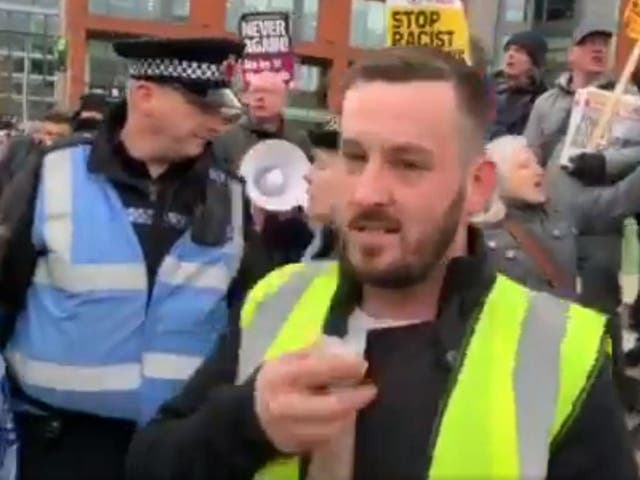 James Goddard addresses crowd at a yellow vest protest in Manchester