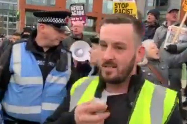 James Goddard addresses crowd at a yellow vest protest in Manchester
