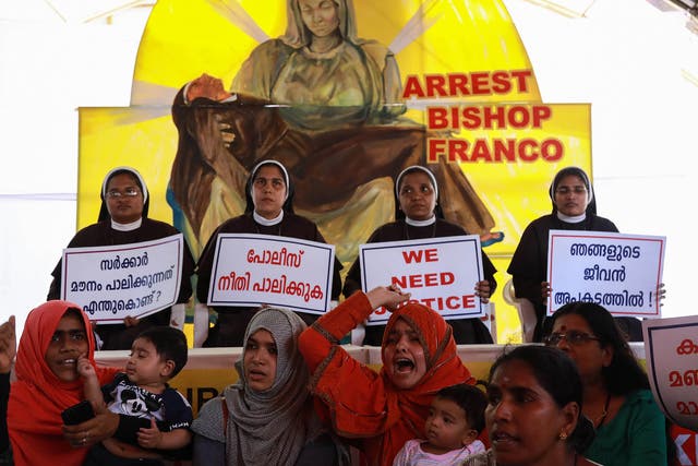 Christian nuns and Muslim supporters demand the arrest of Bishop Franco Mulakkal, who is accused of raping a nun, in a protest outside the High Court in Kochi in Kerala