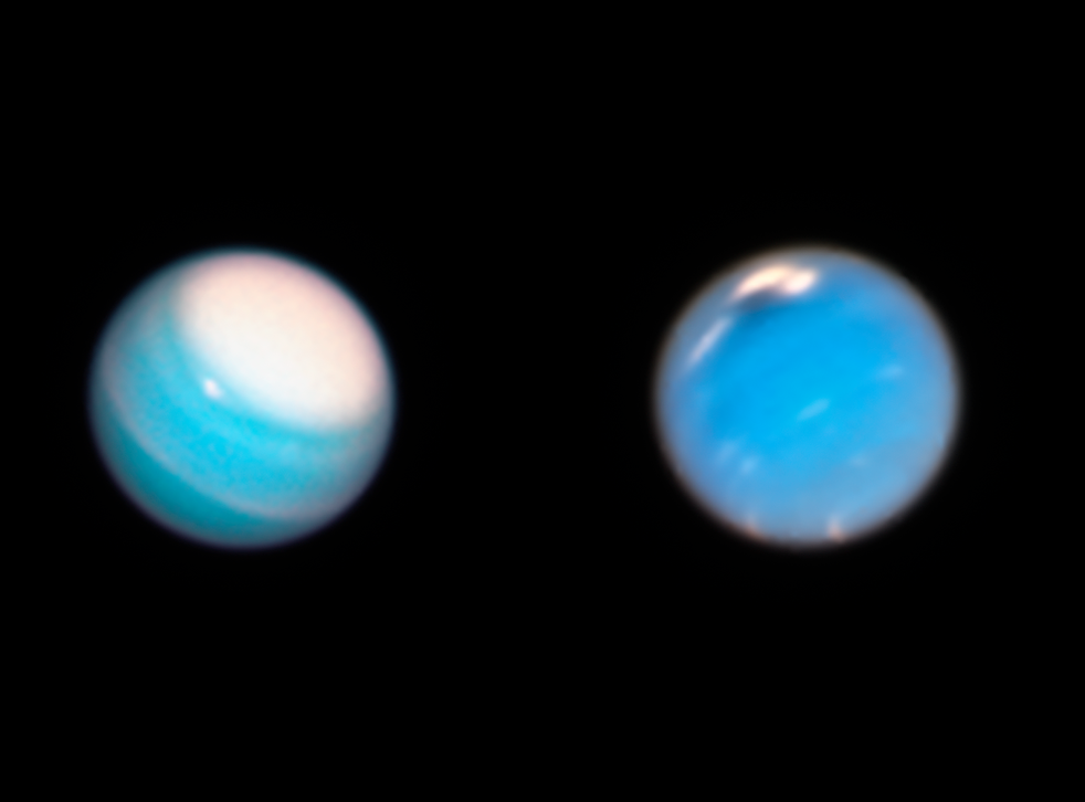 Images taken by Hubble telescope show storms on Uranus (left) and Neptune (right)