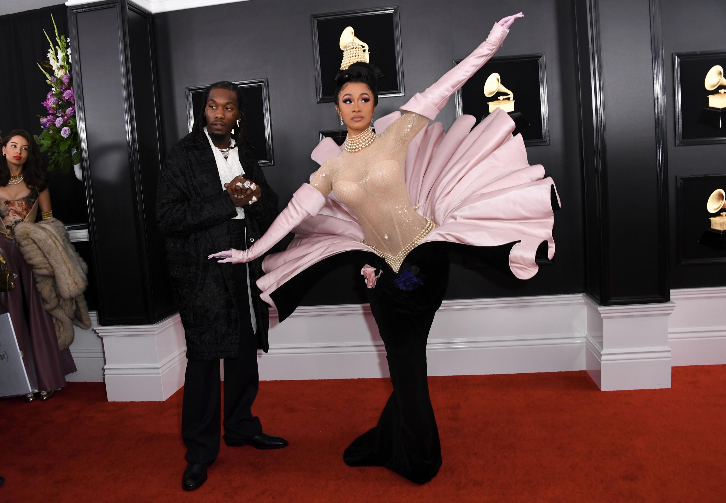 Cardi B arrived at the Grammy Awards on Sunday night wearing a vintage Mugler dress