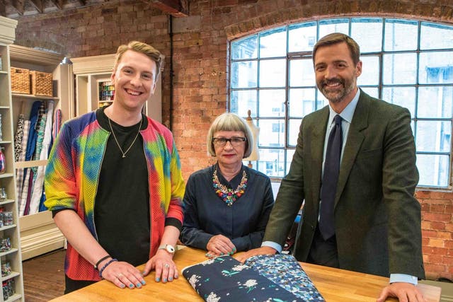 Host Joe Lycett with judges Esme Young and Patrick Grant