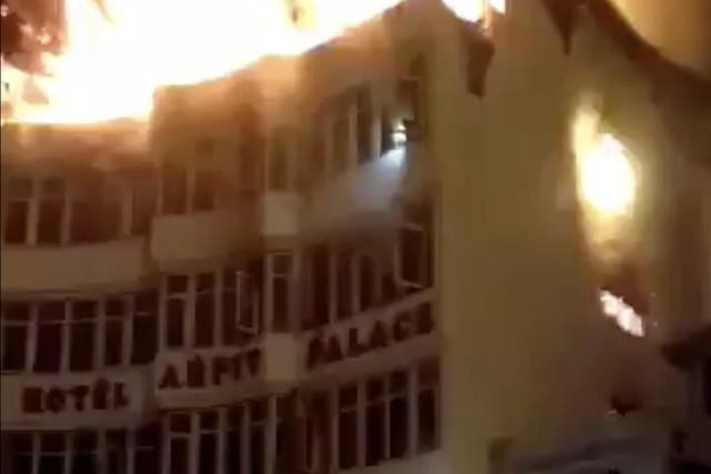 Fire spread to engulf the whole top floor of the Hotel Arpit Palace in Karol Bagh, Delhi