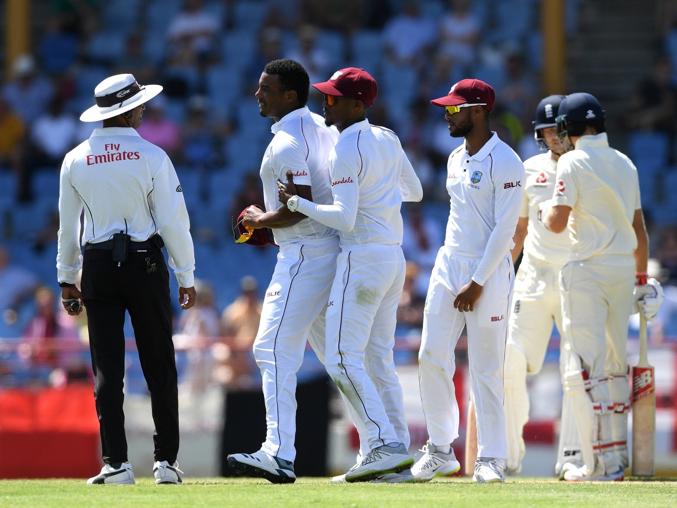 Shannon Gabriel was spoken to by umpires after clashing with Joe Root on day three of the third Test