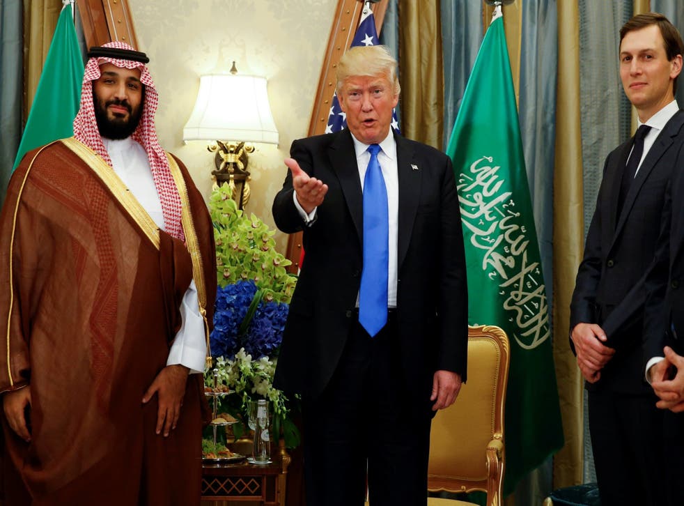 US President Donald Trump, flanked by White House senior advisor Jared Kushner, meets with Saudi Arabia's Deputy Crown Prince Mohammed bin Salman at the Ritz Carlton Hotel in Riyadh, Saudi Arabia, on 20 May 2017.