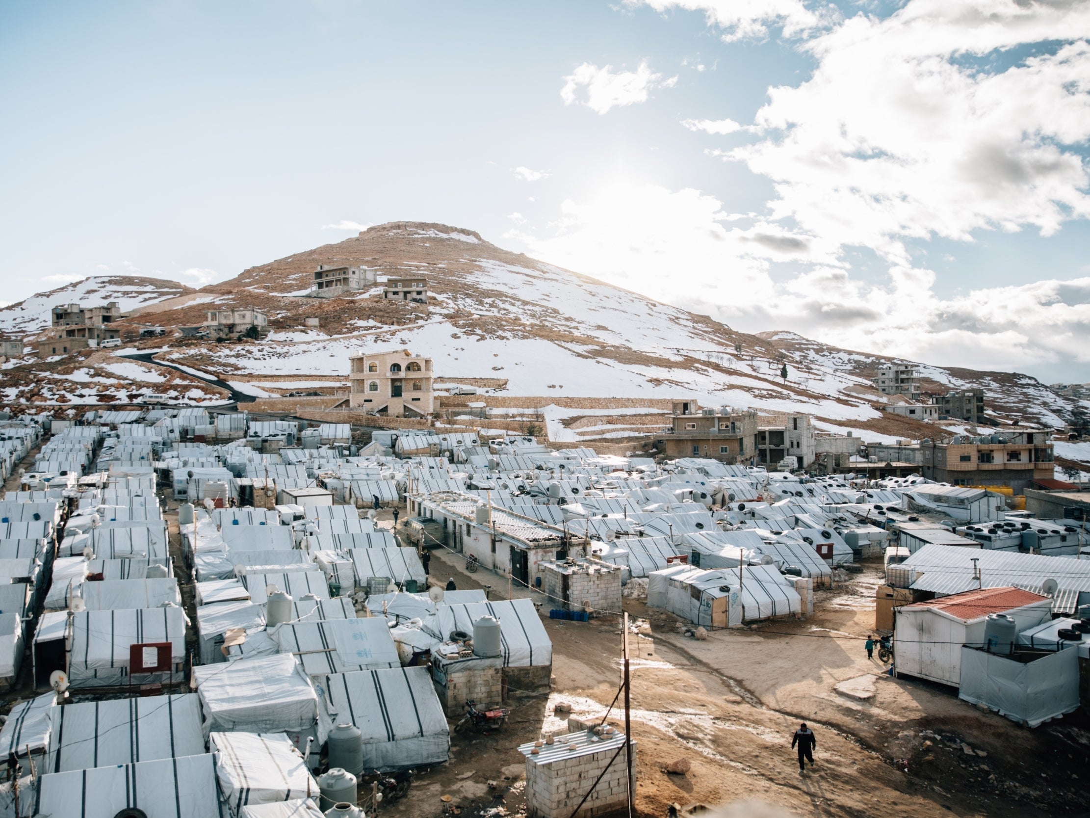Snow-capped mountains overlooking Al Wafa refugee camp in Arsal