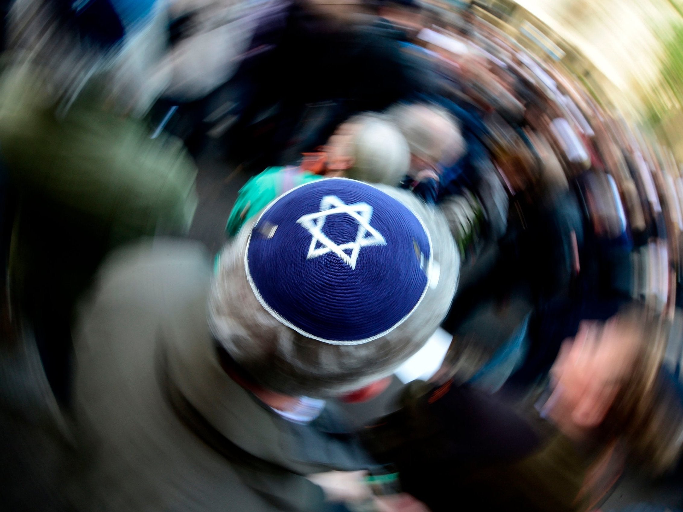 A man wears a kippa during the 'Berlin wears kippa' rally, organised after a spate of antisemitic attacks