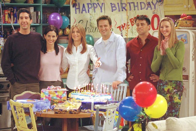 The cast of 'Friends' are pictured in the 2001 episode 'The One Where They All Turn Thirty'.