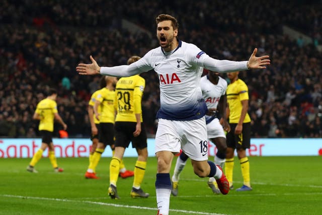 Fernando Llorente celebrates scoring Tottenham's third of the night