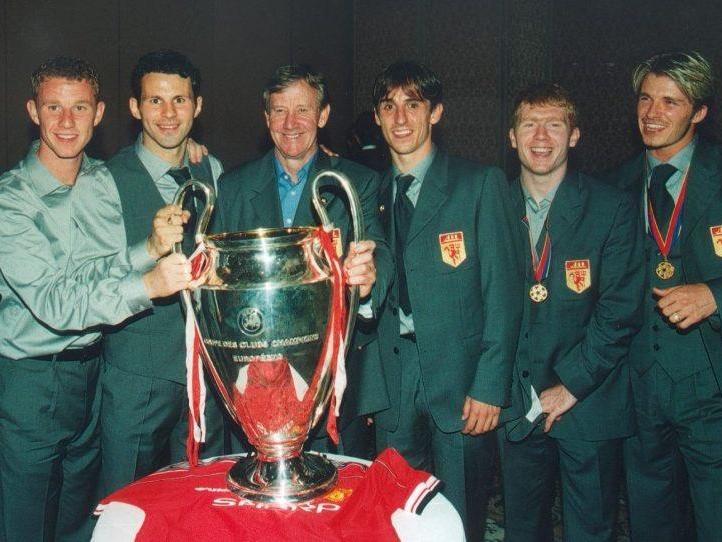 Manchester United's Class of 92 pictured with coach Eric Harrison