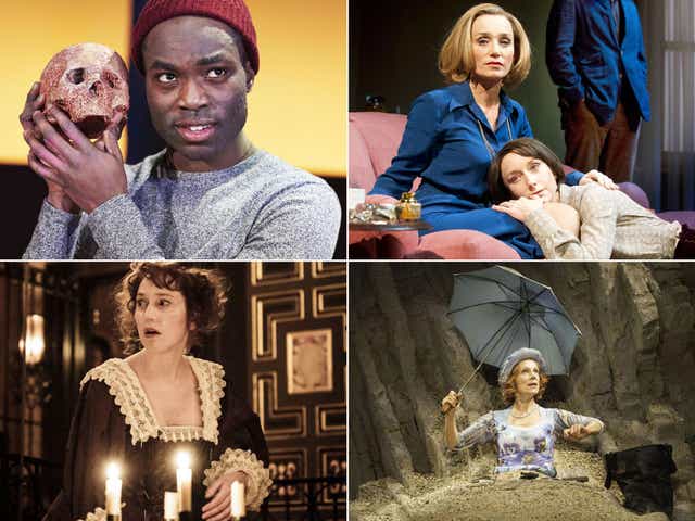 Stagecraft: (clockwise, from top left) Paapa Essiedu as Hamlet, Kristin Scott Thomas and Lia Williams in ‘Old Times’, Juliet Stevenson in ‘Happy Days’, and Hattie Morahan in ‘The Changeling’