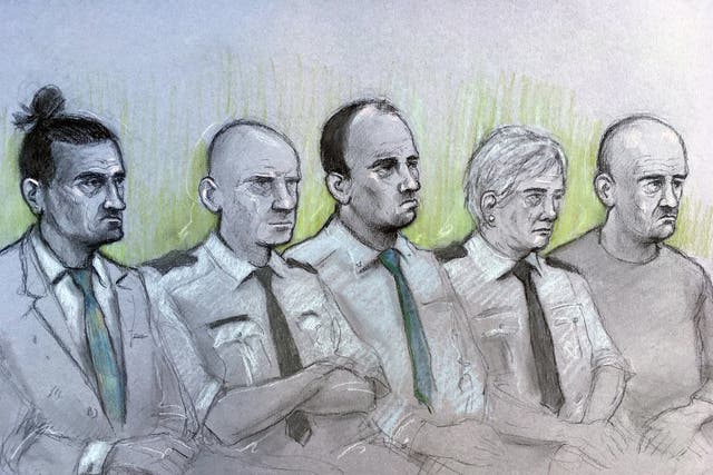 Court artist sketch by Elizabeth Cook of (left to right) David Osborne, male dock officer, Ieuan Harley, female dock officer and Darran Evesham, during their trail at Newport Crown Court