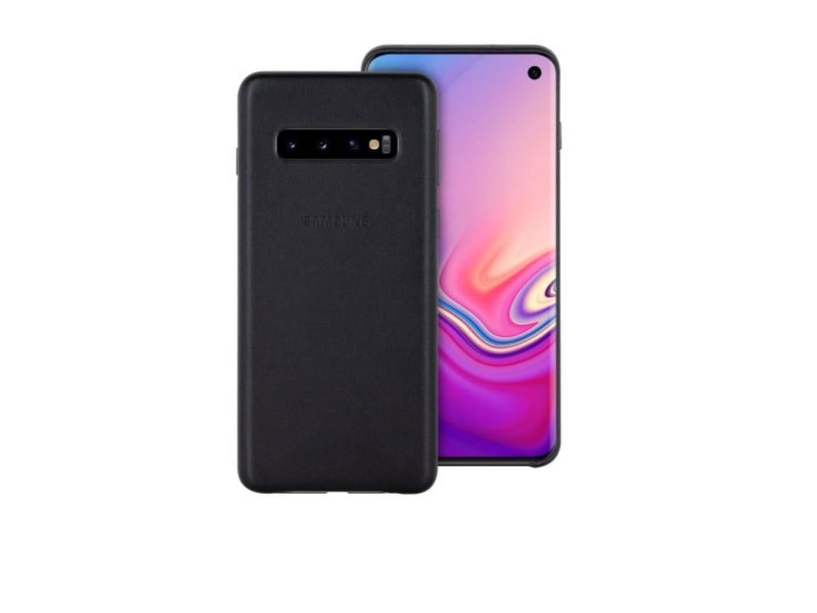 A leather cover case housing the Samsung Galaxy S10