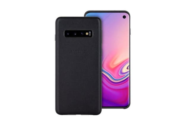 A leather cover case housing the Samsung Galaxy S10