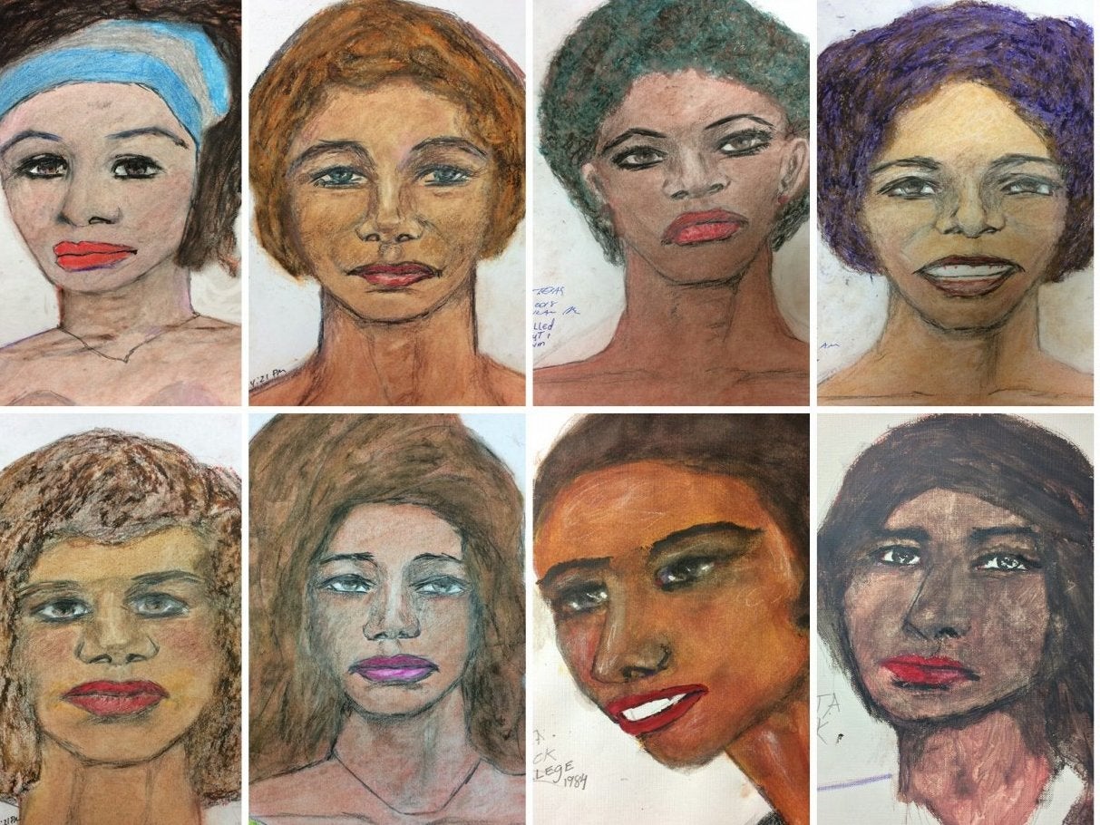 Eight of the 16 drawings of Samuel Little's victims released by the FBI