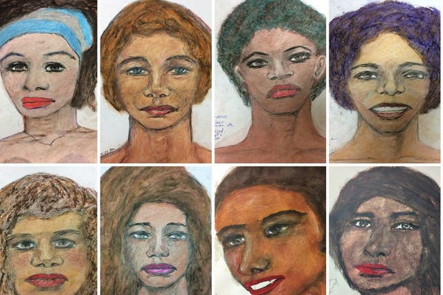 Eight of the 16 drawings of Samuel Little's victims released by the FBI