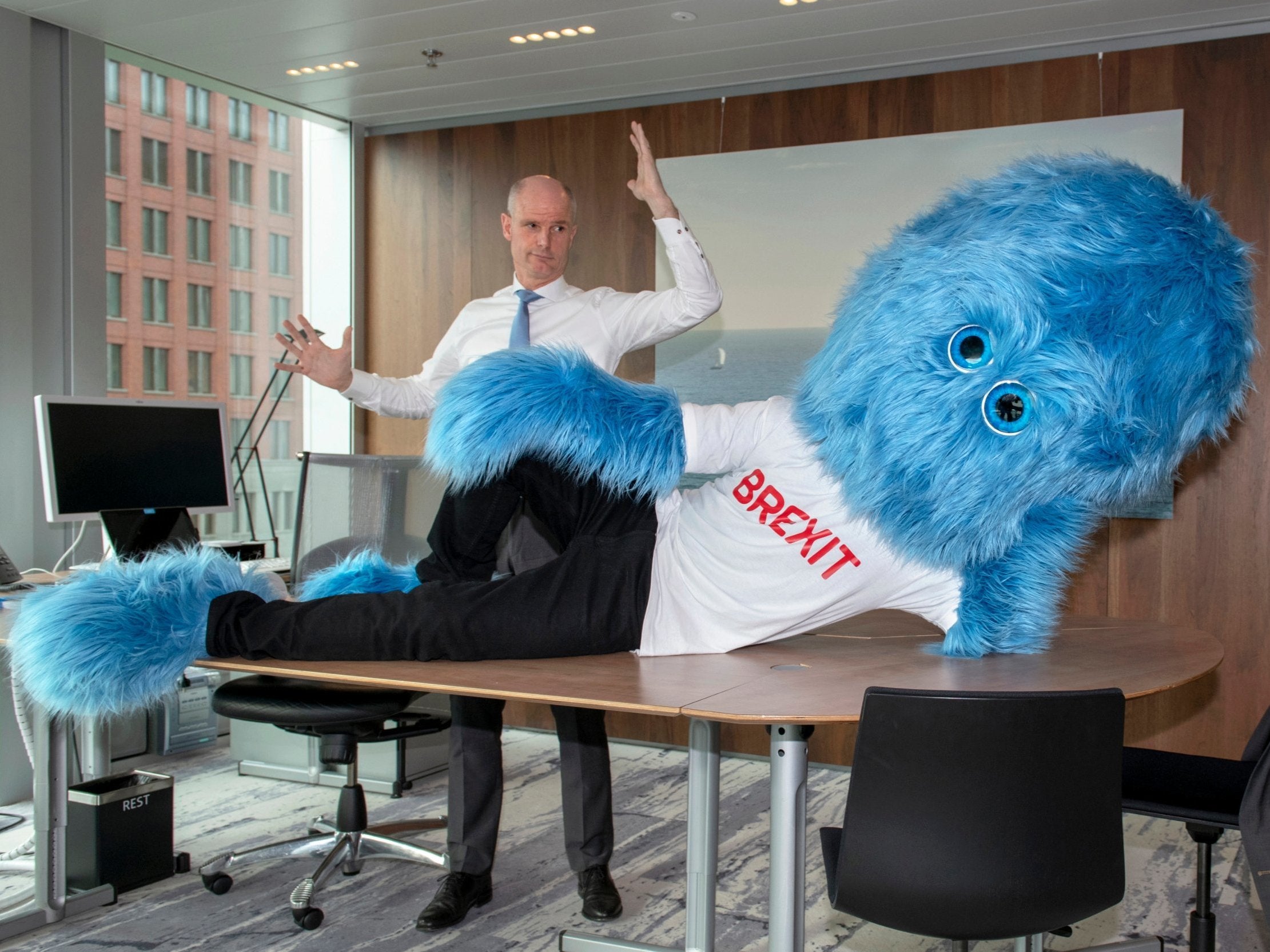 Dutch foreign minister Stef Blok tweeted this image of a hairy blue Brexit monster on his desk in The Hague on Thursday