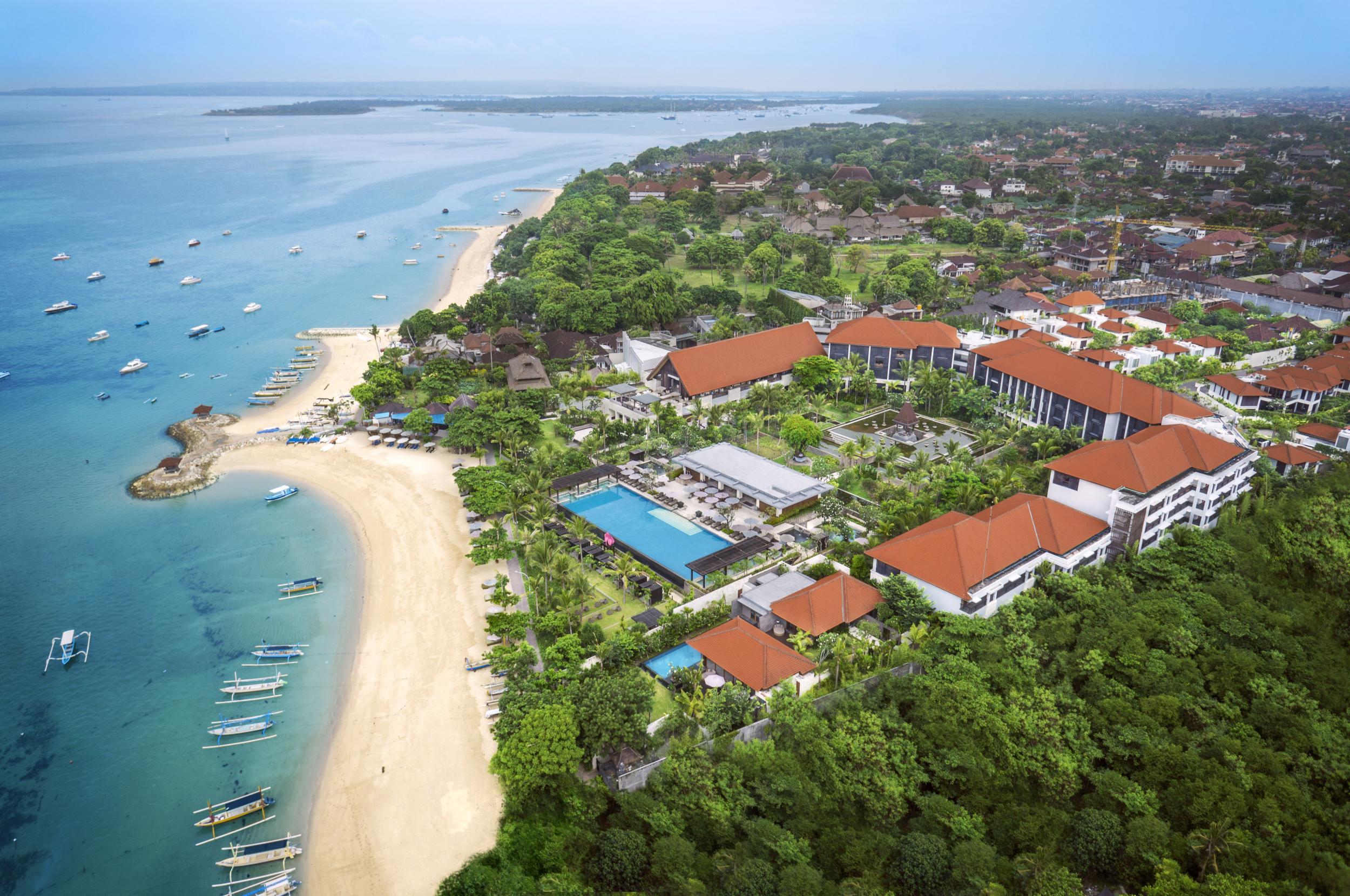An aerial picture of Fairmont Sanur, just seconds away from one of Bali's loveliest white sand beaches