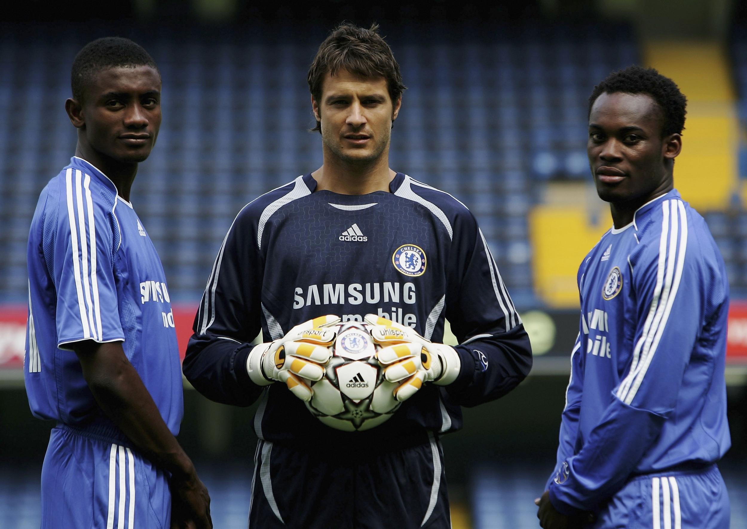 Salomon Kalou, Carlo Cudicini and Michael Essien model the new Chelsea kit at the Chelsea Football Club Kit Launch Press Conference at Stamford Bridge on July 20, 2006 in London,