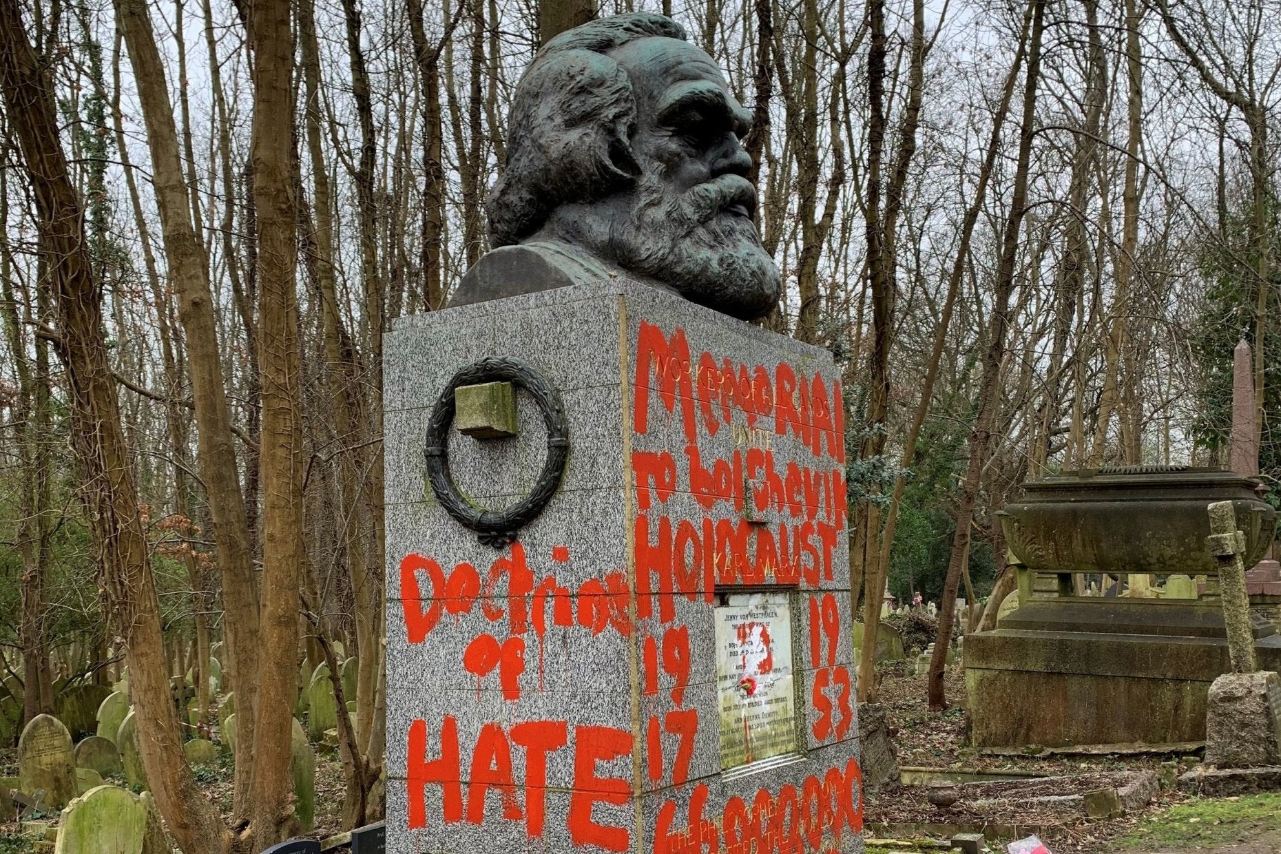 Vandals daubed graffiti reading "doctrine of hate" on Karl Marx's grave