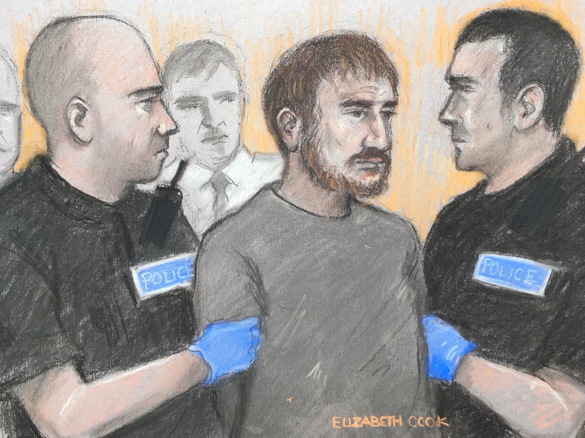 Court artist sketch by Elizabeth Cook of Alexander Lewis-Ranwell appearing at Exeter Magistrates' Court, where he is accused of murdering Anthony Payne, 80, and twins Dick and Roger Carter, 84.