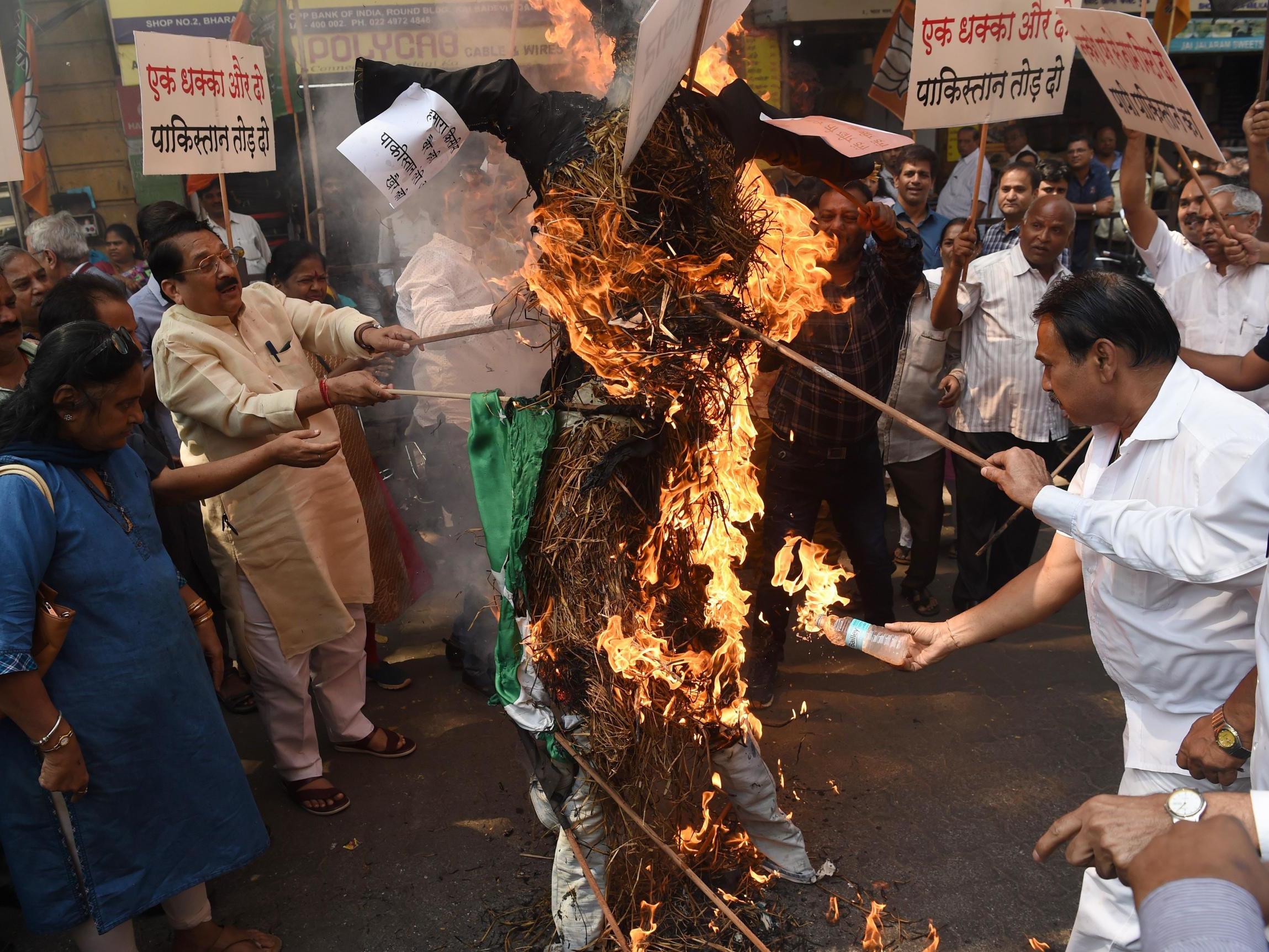 BJP activists burn an effigy at an anti-Pakistan protest following the attack