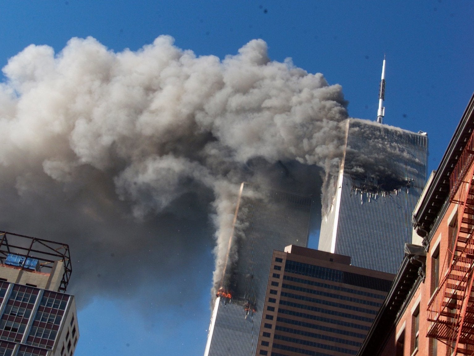 Twin towers after hijacked planes crashed into towers