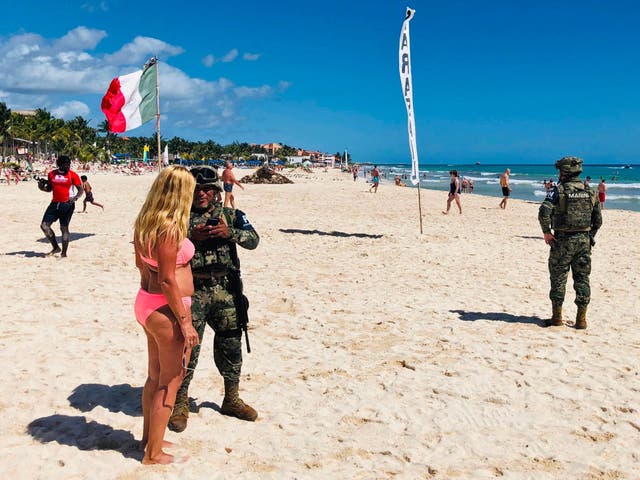 Mexican marines patrol the beach of Playacar, near the seaside tourist resort of Playa del Carmen, Quintana Roo State