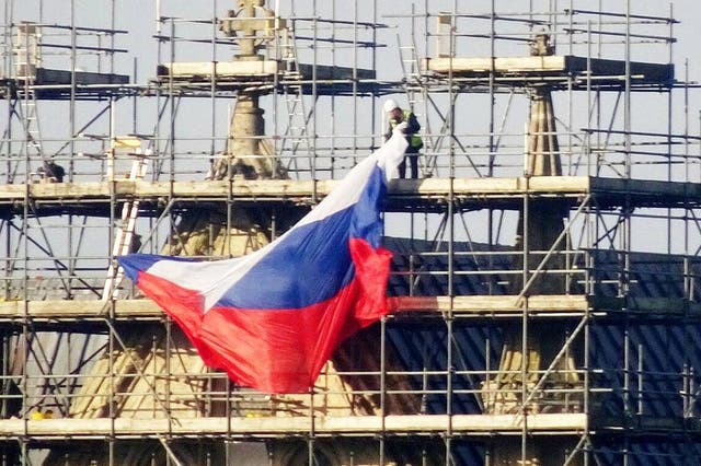 A Russian flag has appeared draped over Salisbury Cathedral