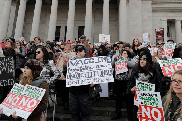 An anti-vaccine rally outside the Capitol building in Olympia, Washington