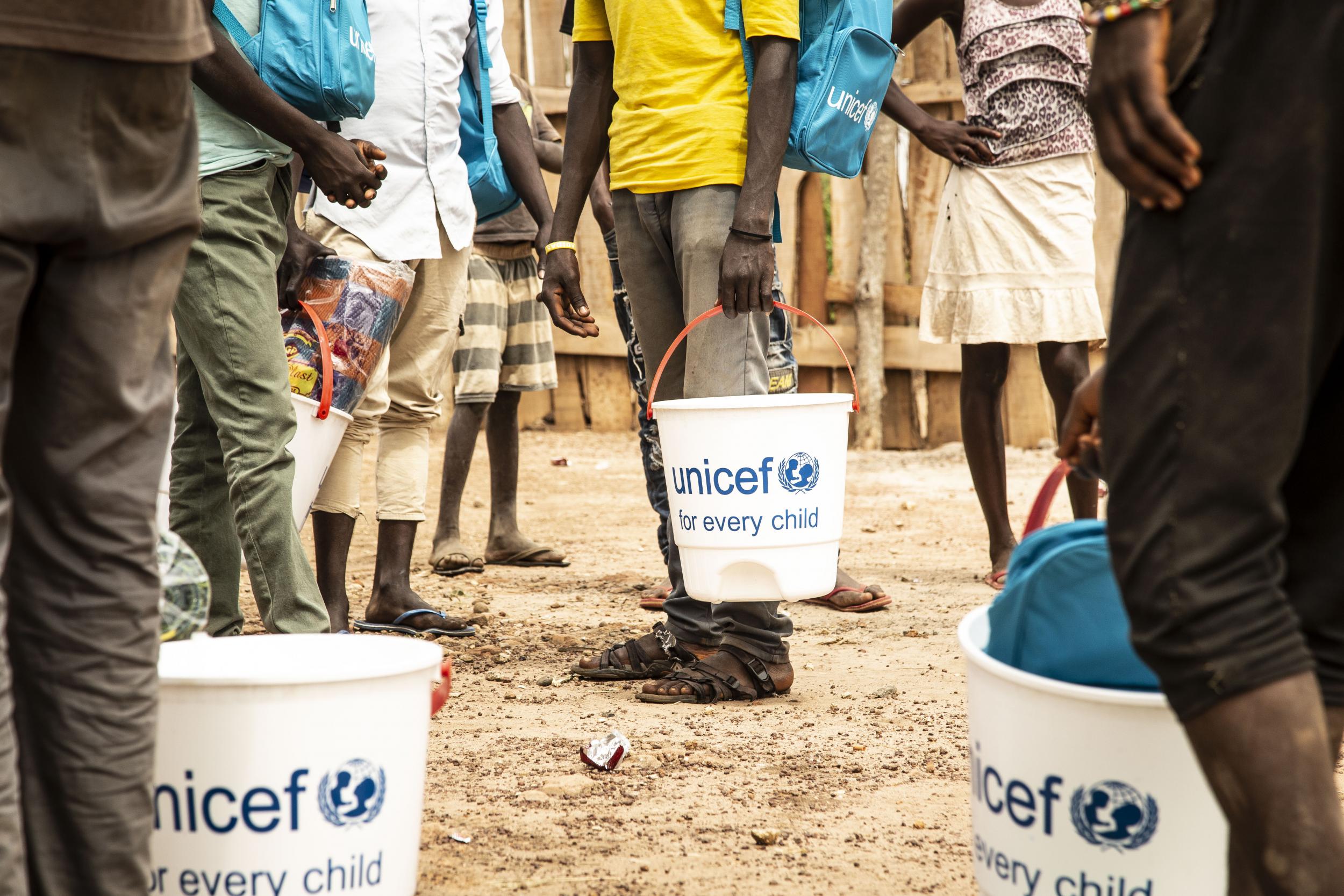 Unicef aid packages are distributed to the children after their release from bush camps