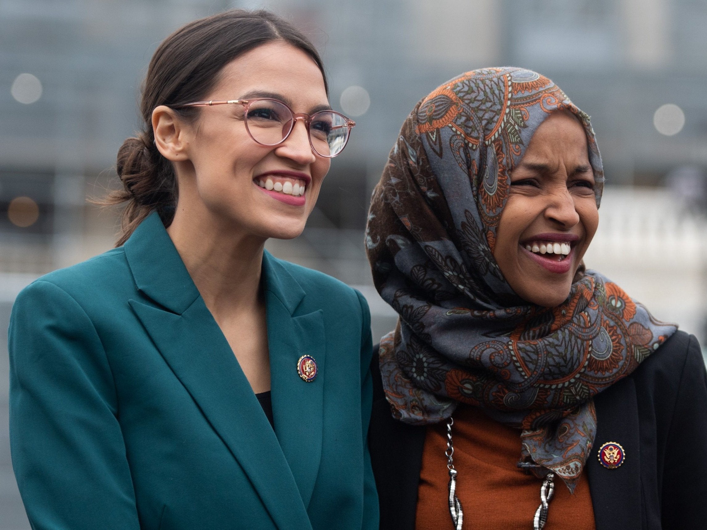 US Representative Alexandria Ocasio-Cortez, Democrat of New York, and US Representative Ilhan Omar (R), Democrat of Minnesota