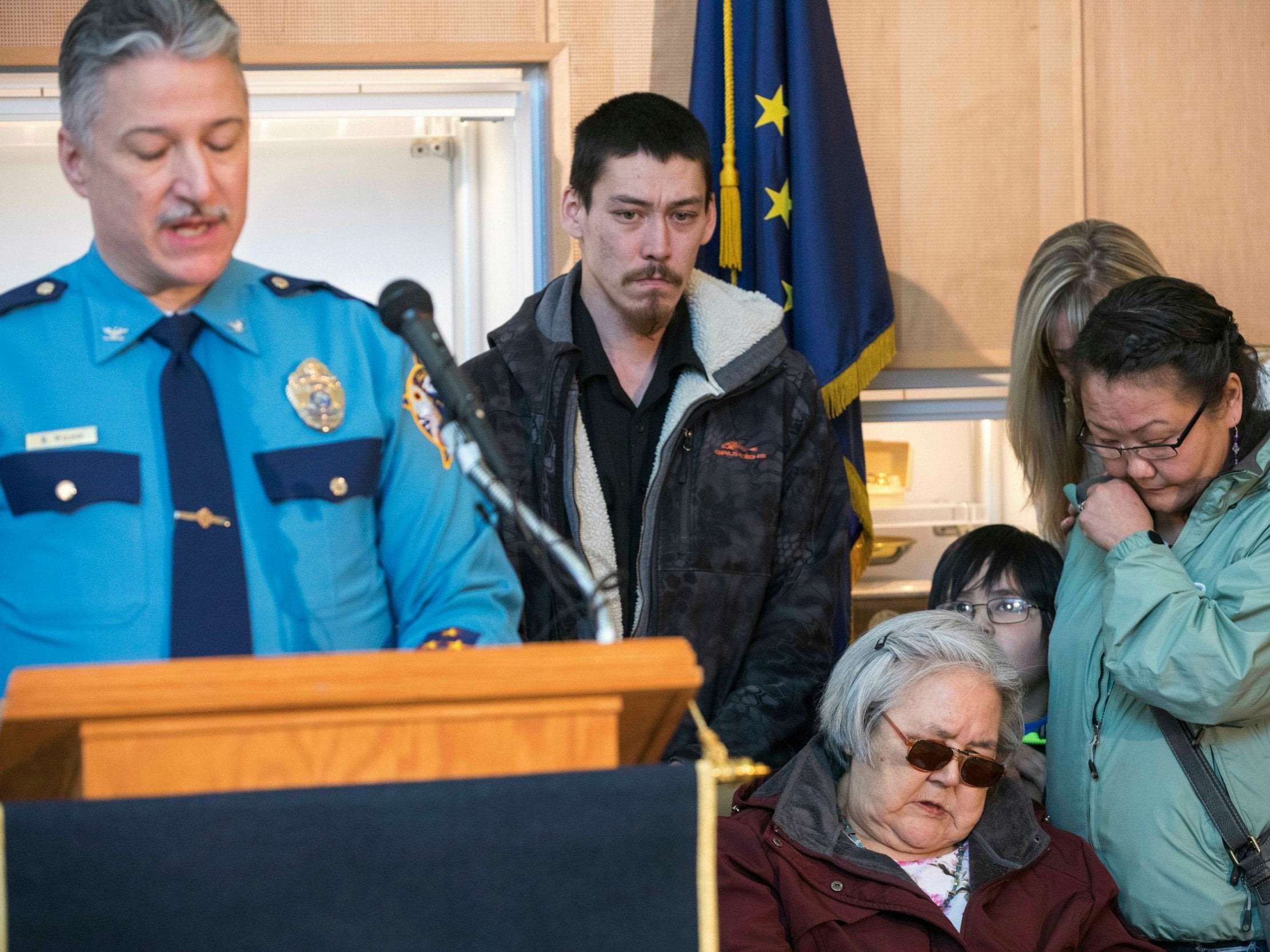 Colonel Barry Wilson, director of the Alaska State Troopers, speaks at a press conference