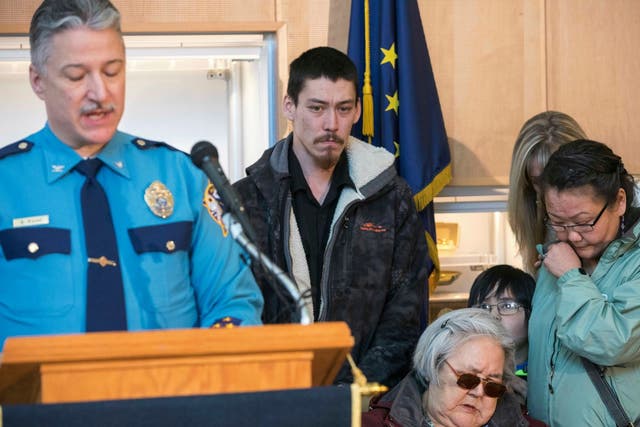 Colonel Barry Wilson, director of the Alaska State Troopers, speaks at a press conference