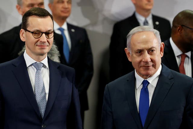 Mateusz Morawiecki (left) has cancelled a visit to Jerusalem over comments about the Holocaust by Israeli prime minister Benjamin Netanyahu