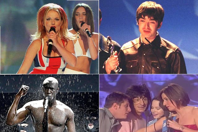 L-R clockwise from top left: Geri Halliwell, Noel Gallagher, Brandon Block with Ronnie Wood, Thora Birch and Davina Mccall, and Stormzy
