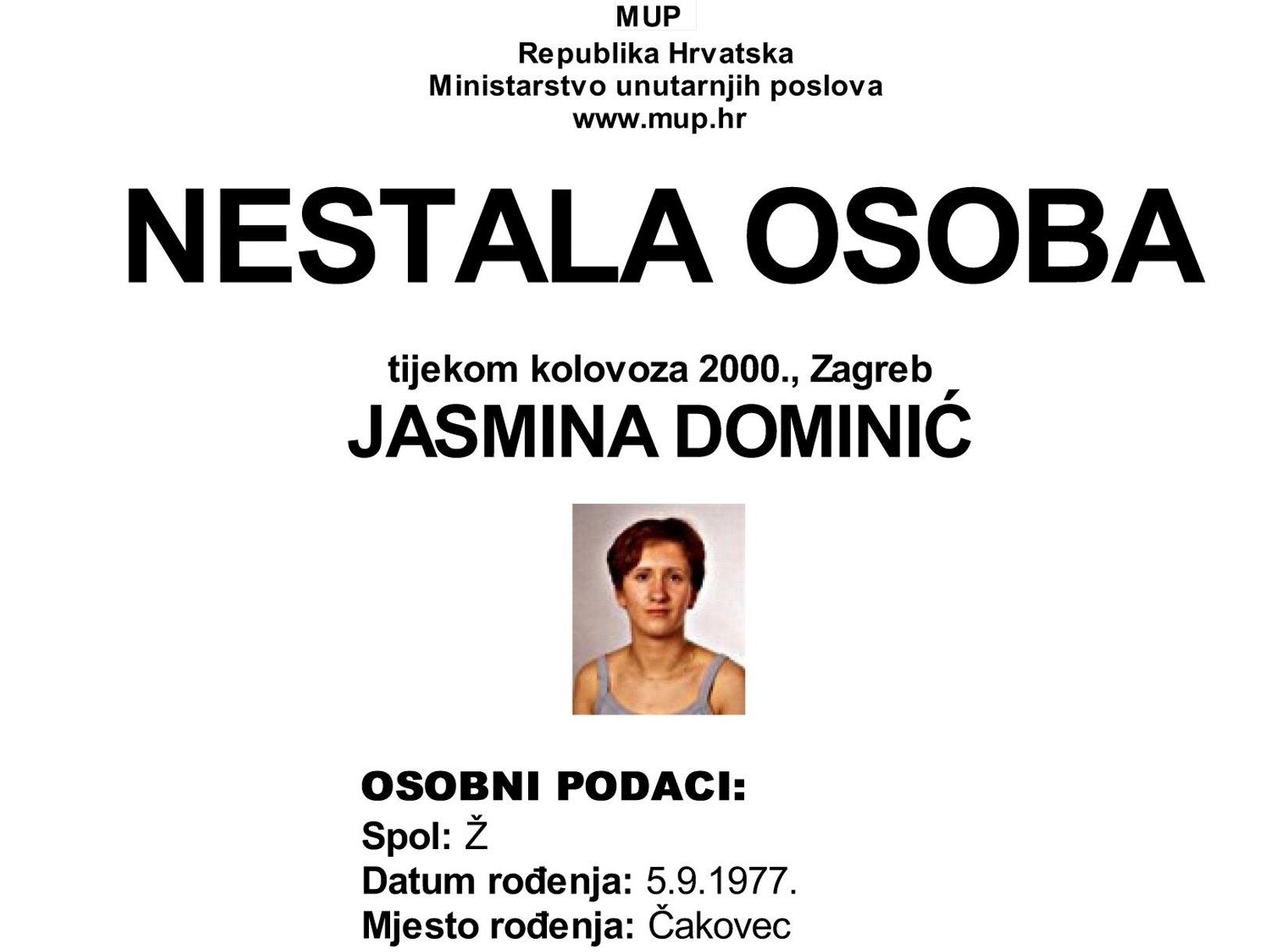 A missing persons poster Croatian police produced when Jasmina Dominic was finally reported missing