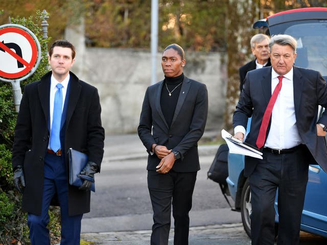 Caster Semenya and her lawyer arrive for a landmark hearing at the Court of Arbitration for Sport (CAS) in Lausanne