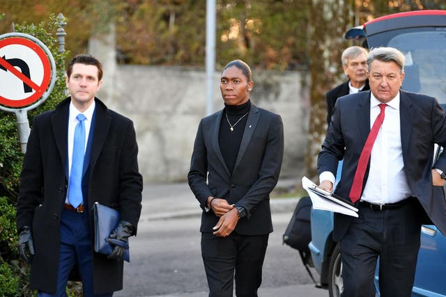 Caster Semenya and her lawyer arrive for a landmark hearing at the Court of Arbitration for Sport (CAS) in Lausanne