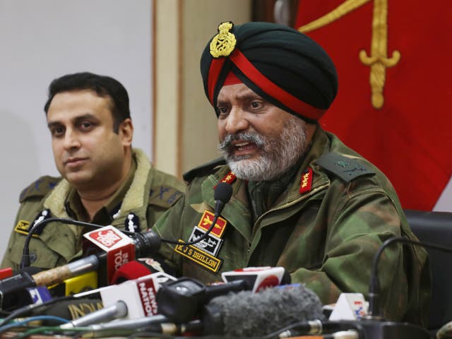 Lt Gen KJS Dhillon, the Indian army commander in Kashmir, addresses a news conference in Srinagar