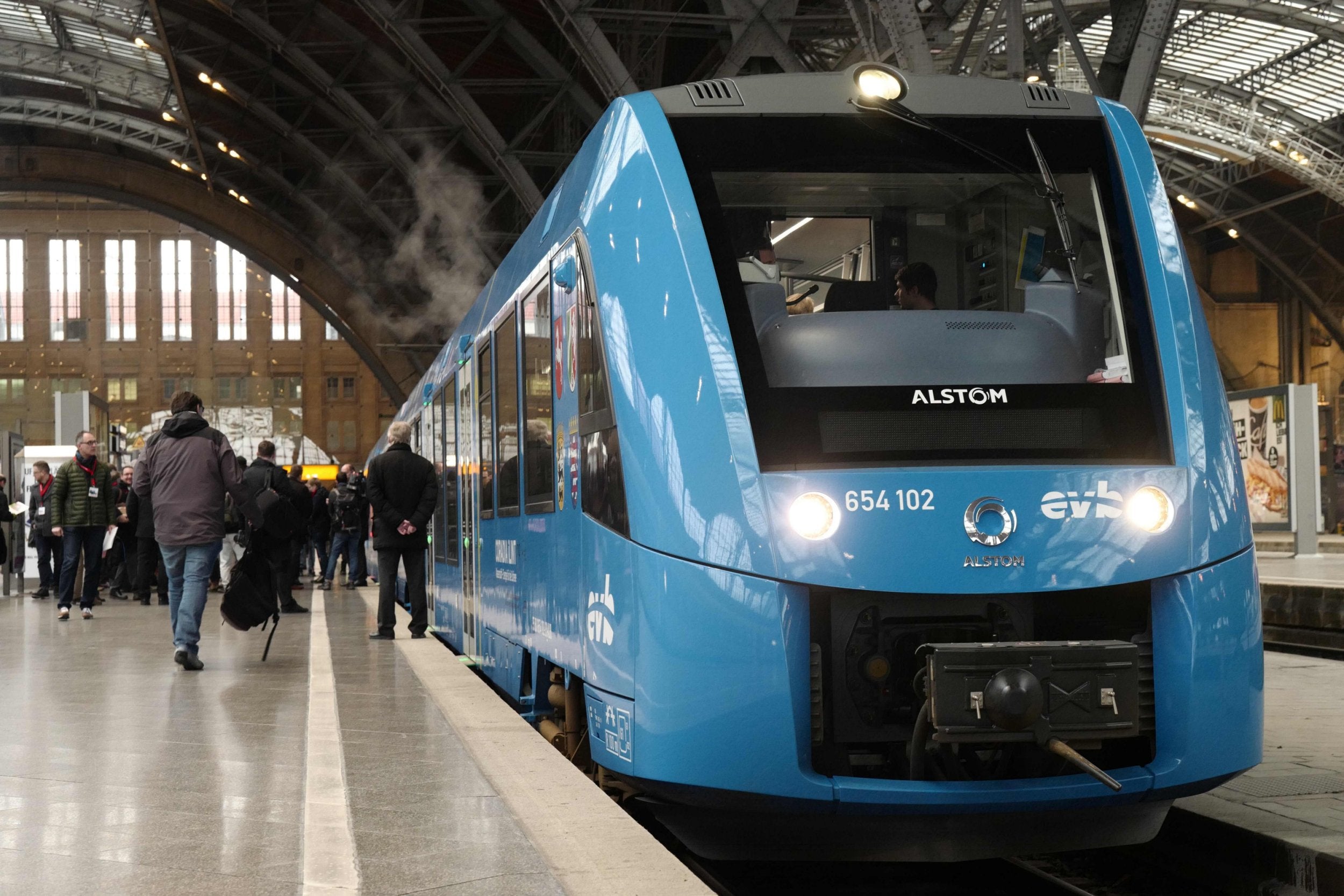 A hydrogen-powered train stands in a German station on 1 February ahead of its first ride between Leipzig and Grimma