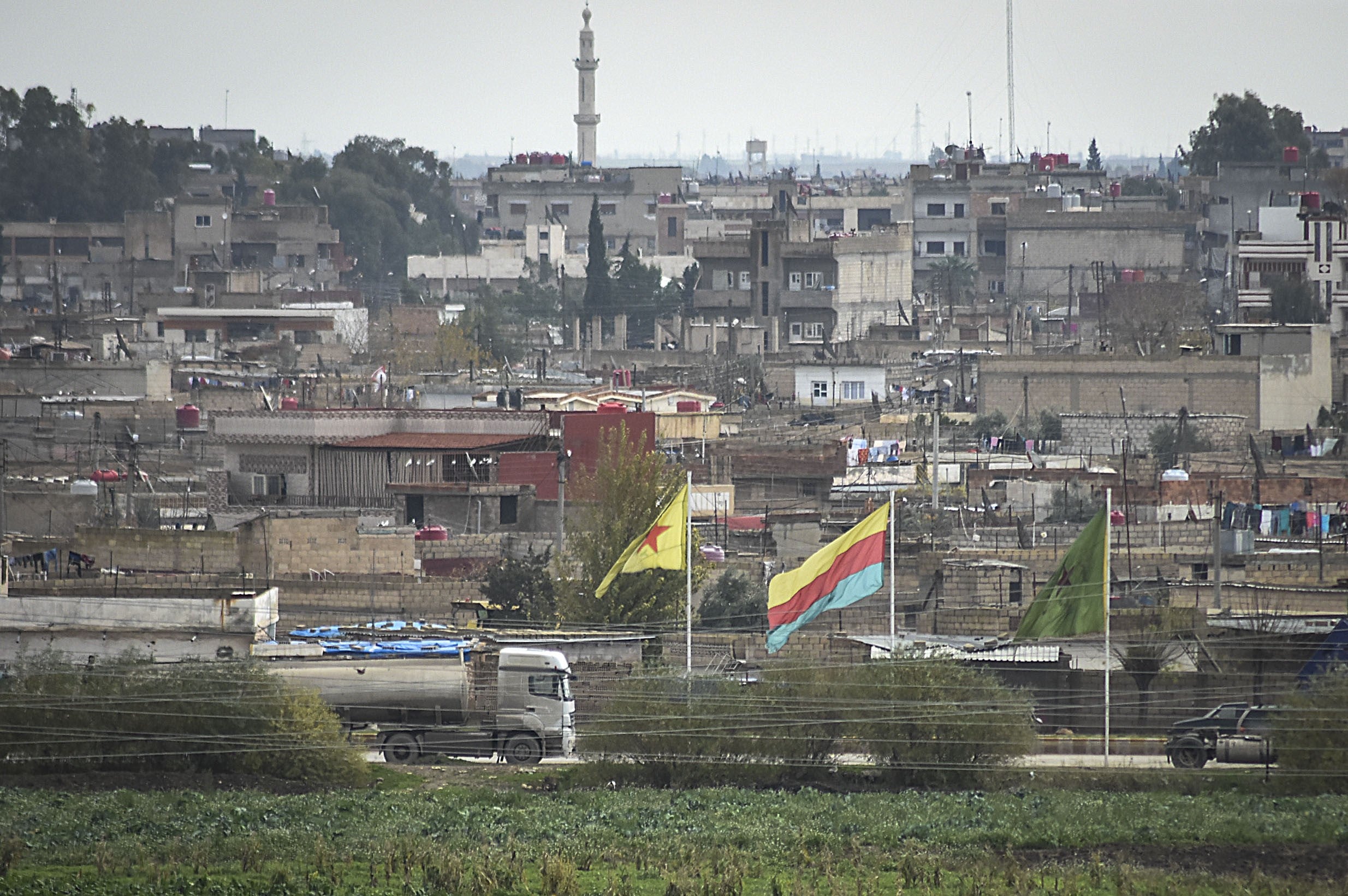 Nusaybin district, Mardin, Turkey, where flags of the Kurdish YPG over the border in Qamishli, Syria (Getty)
