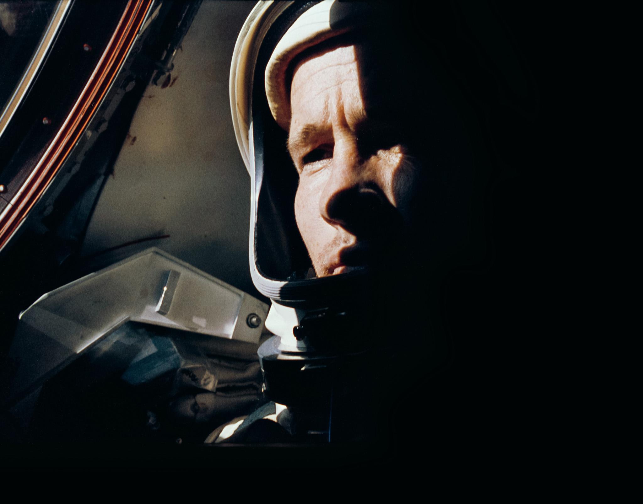 Ed White photographed by Gemini 4 Commander Jim McDivitt. During the first of 66 orbits, they made an unsuccessful attempt to rendezvous with the spent upper stage of their Titan launch vehicle. On McDivitt’s advice, White waited one more orbit to recover from the effort of the failed rendezvous, and then exited the Gemini for his historic spacewalk on June 3, 1965.
