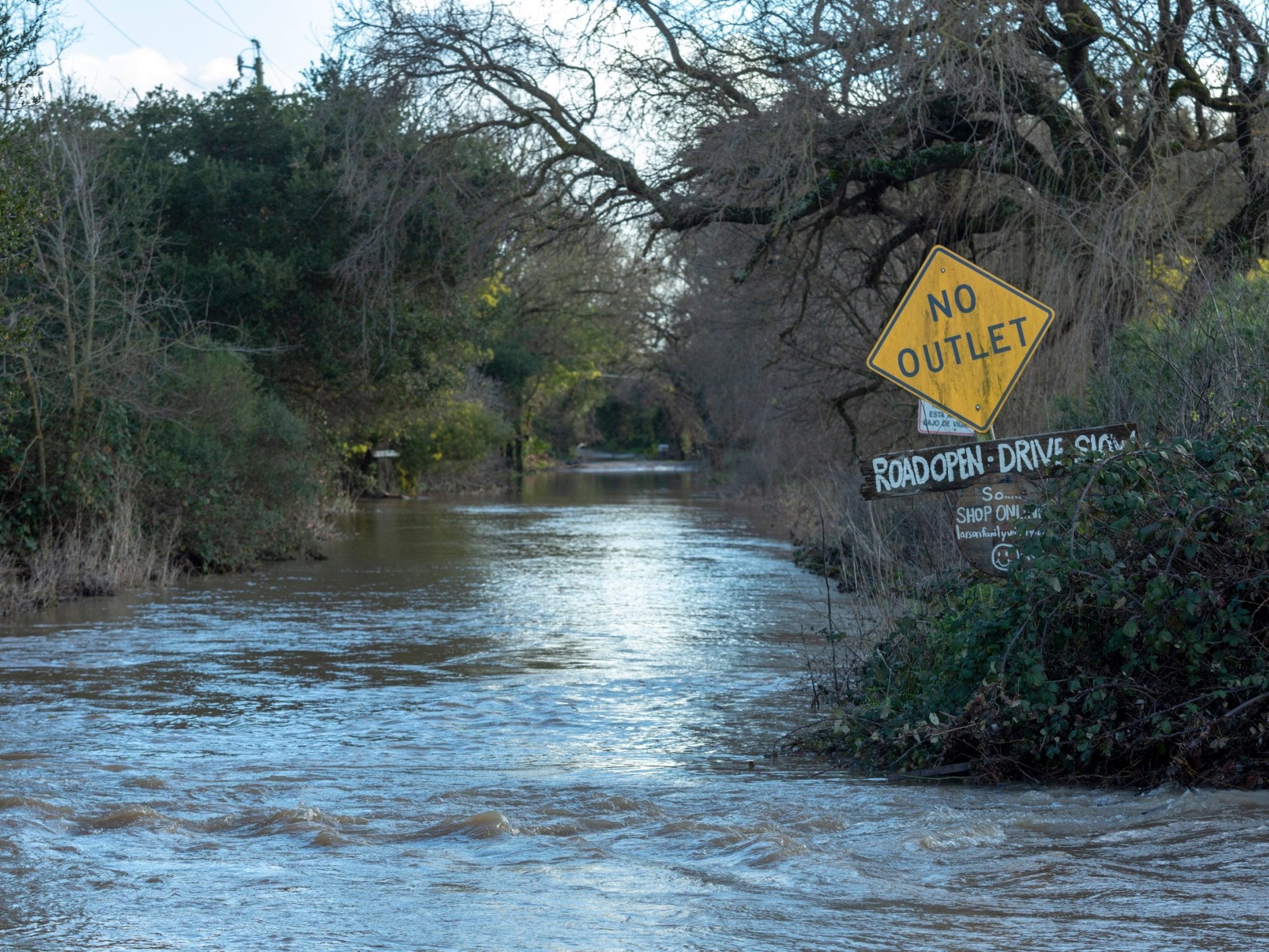 A flooded side street in Schellville, California, USA, on 14 February 2019 after strong weather hit the west coast of California.