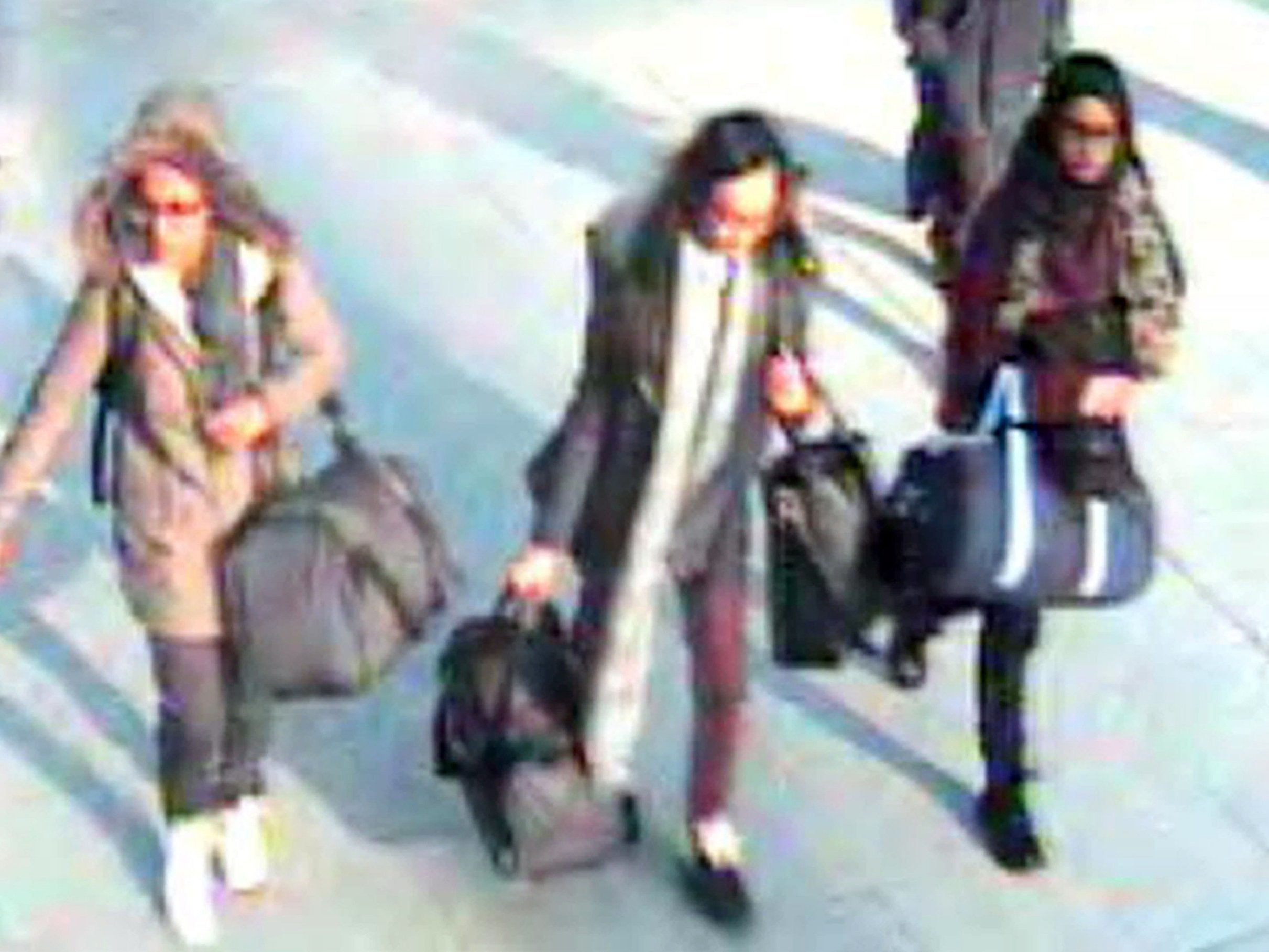 Shamima Begum, then 15, pictured far right alongside friends Amira Abase, 15, and Kadiza Sultana, 16, before catching a flight to Turkey in 2015 to join the Islamic State group.