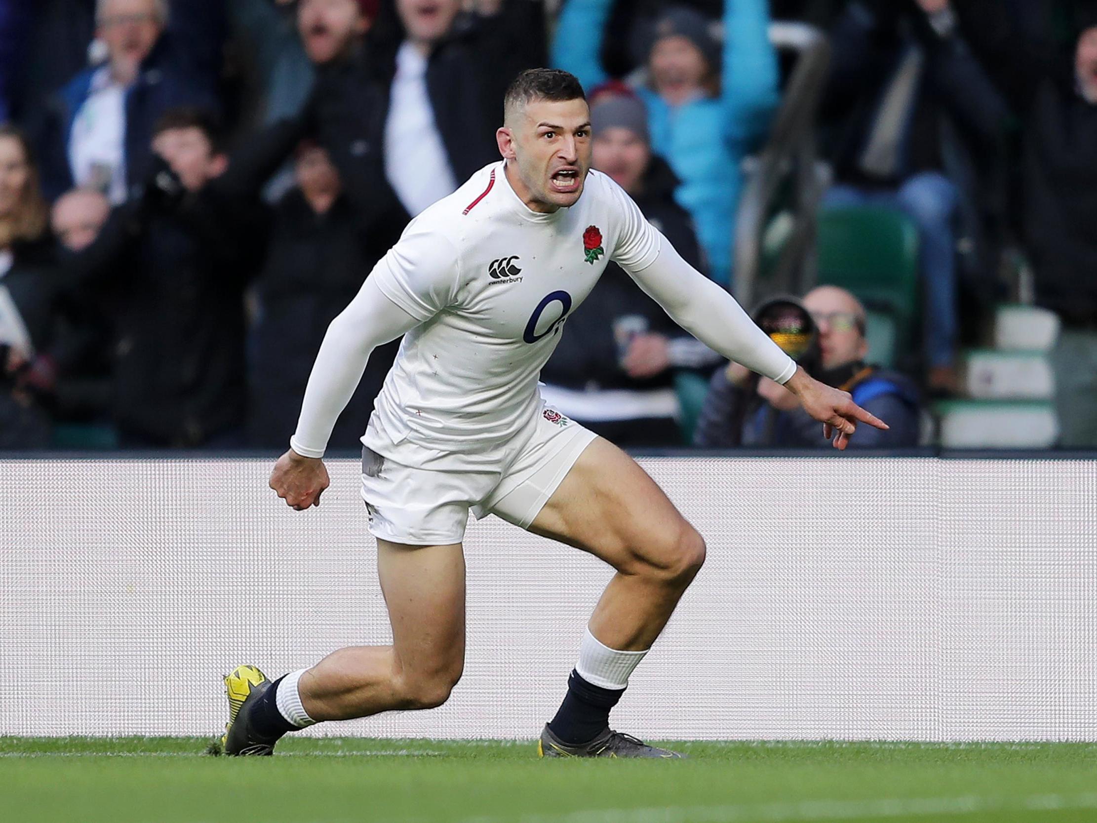 Jonny May celebrates scoring vs France